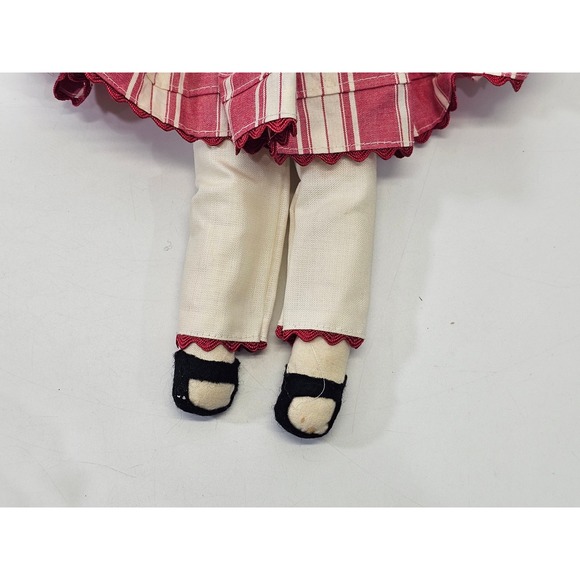 VINTAGE Handmade Ragdoll Folk Art Doll Red Striped Dress White Trousers 15.5" - Picture 5 of 7